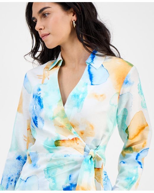 INC International Concepts Blue Petite Printed Long-sleeve Wrap Blouse