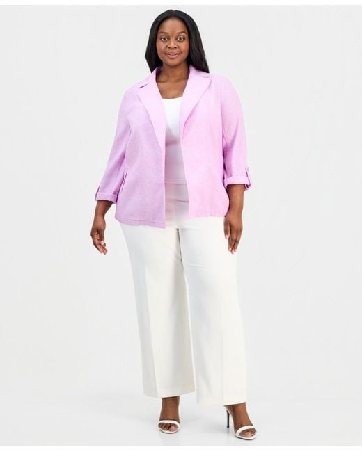 Kasper Purple Plus Size Open-front Roll-sleeve Jacket