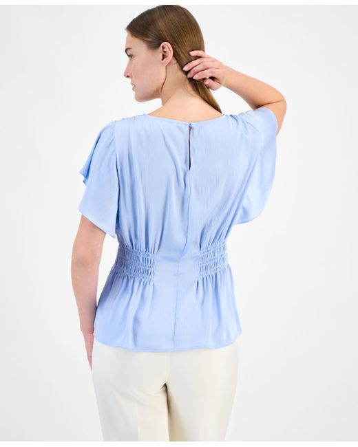 Anne Klein Blue Smocked-waist Flutter-sleeve Top