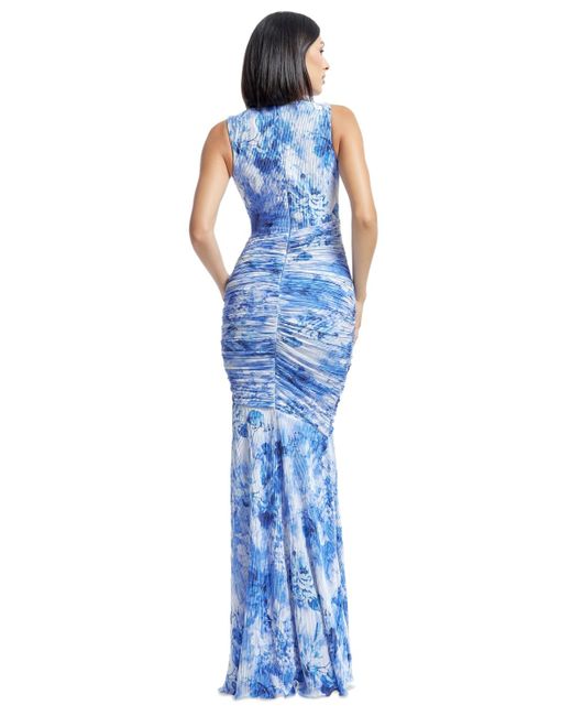 Dress the Population Blue Violetta Floral-print Pleated Ruched Gown