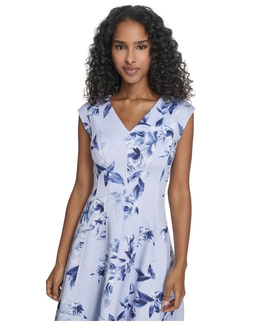 Calvin Klein Printed Fit And Flare V-neck Dress in Blue | Lyst Calvin Klein Printed Fit And Flare V-neck Dress in Blue | Lyst