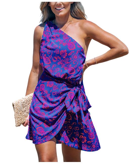CUPSHE Purple Floral One Shoulder Mini Beach Dress