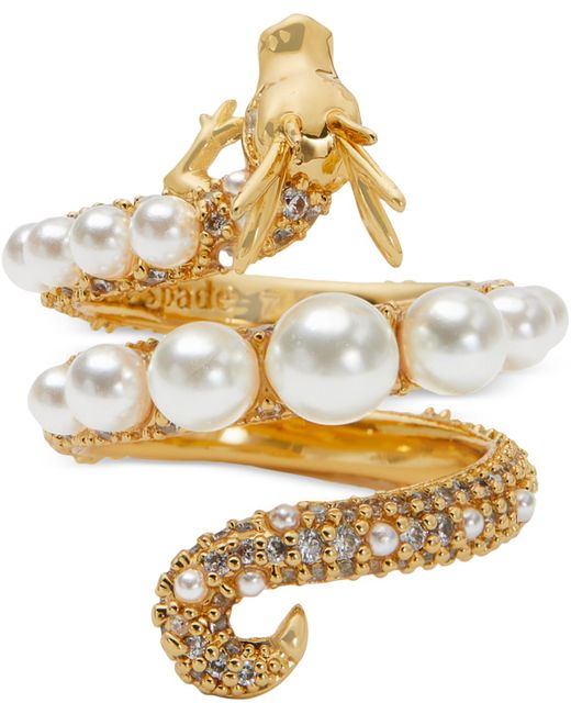 Kate Spade Metallic Gold-tone Pave & Imitation Pearl Dragon Wrap Ring