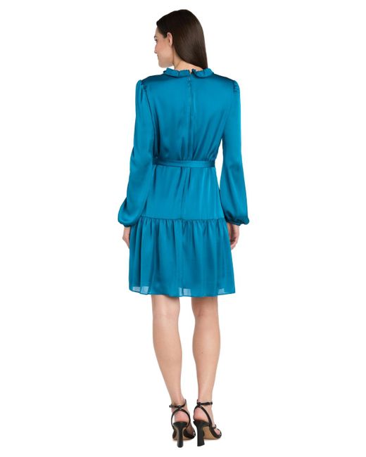 R & M Richards Blue Petite Collared V-neck Long-sleeve Dress