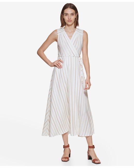 Calvin Klein White Striped Wrap Midi Dress