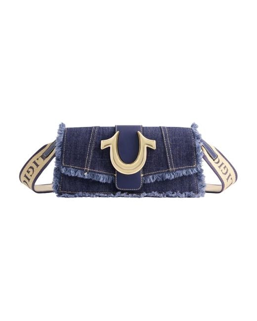 True Religion Blue Frayed Denim Flap Bag