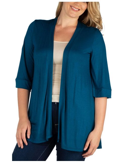 24seven Comfort Apparel Blue Plus Size Elbow Length Open Front Cardigan Sweater