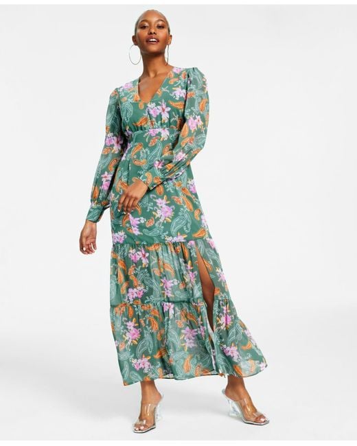 Bar Iii Green Petite Floral Chiffon Long-sleeve Maxi Dress, Created For Macy's