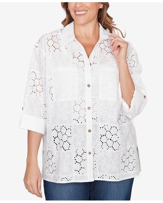 Ruby Rd White Plus Size Patchwork Eyelet Roll-tab Sleeve Top