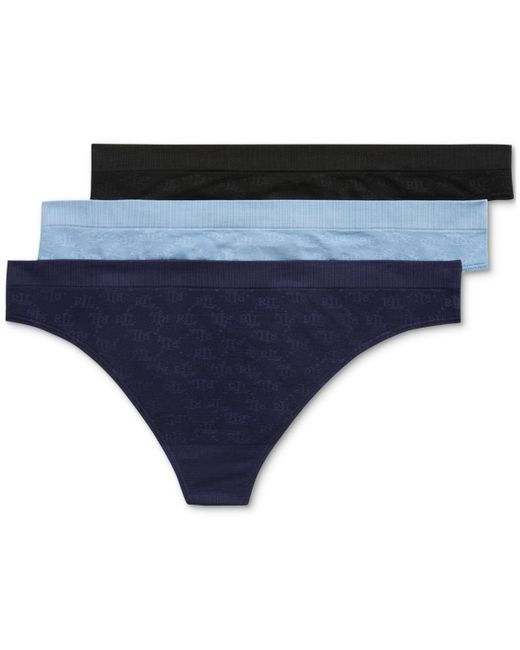 Lauren by Ralph Lauren Blue Monogram Mesh Jacquard Thong 3-pack Underwear
