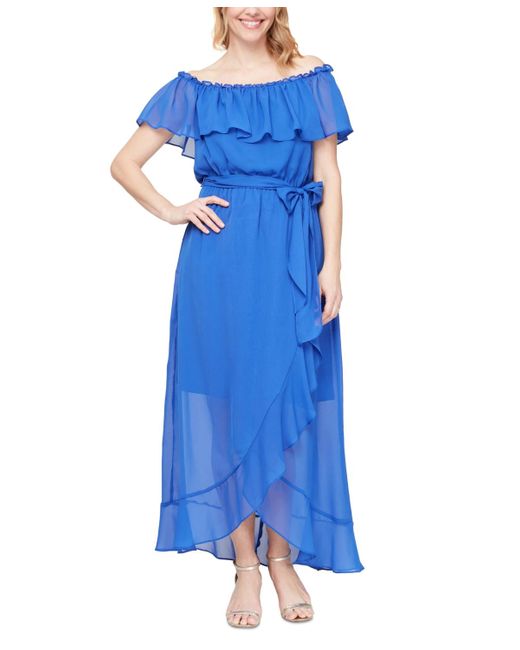 Sl Fashions Blue Ruffle Off-the-shoulder Maxi Dress