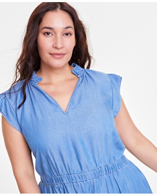 On 34th Blue Trendy Plus Split-neck Flutter-sleeve Midi Dress