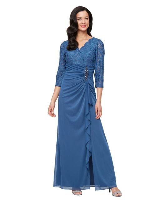 Alex Evenings Blue Lace-bodice Cascade-ruffle Gown