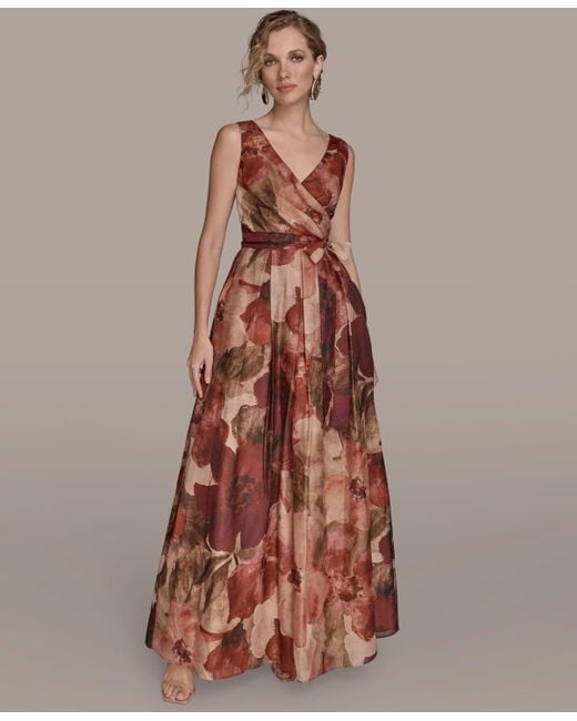 Donna Karan Brown V-neck Floral Ball Gown