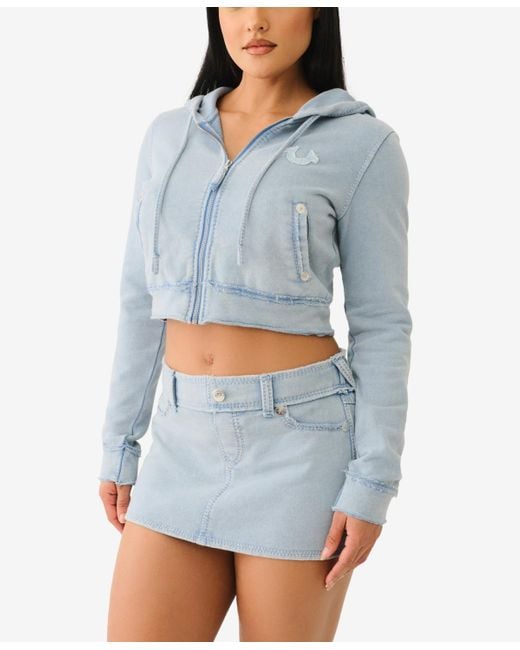 True Religion Blue Washed Raw Edge Big T Hoodie Sweatshirt