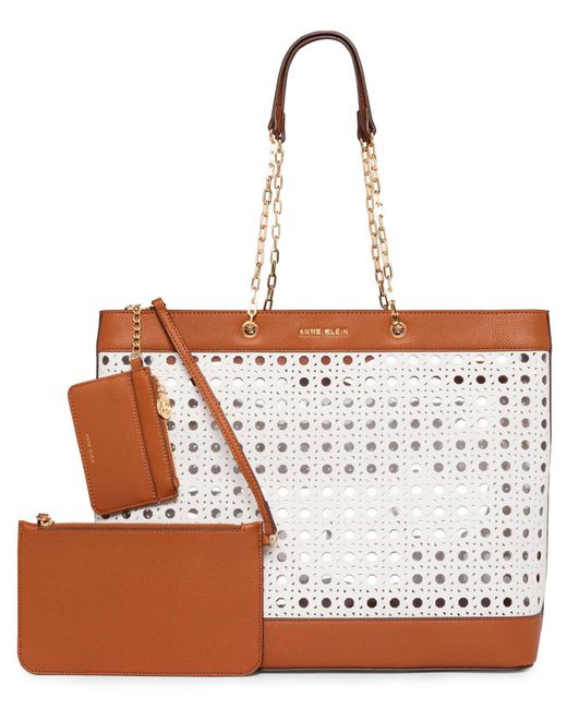 Anne Klein Brown Small Perforated Tote Bag With Pouch
