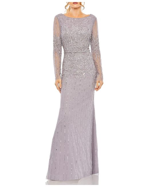 Mac Duggal Purple High Neck Sequin Embellished Long Sleeve A Line Gown