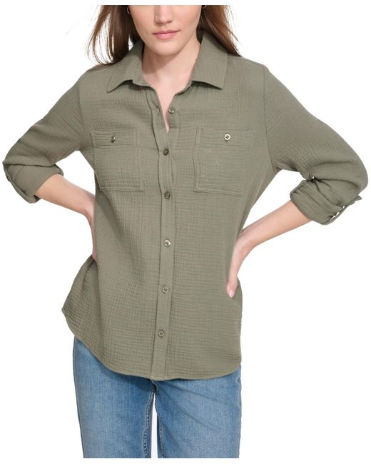 Calvin Klein Gray Petite Cotton Button-front Roll-sleeve Shirt