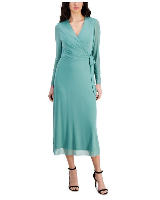 Anne Klein Green Faux-wrap Mesh-sleeve Midi Dress