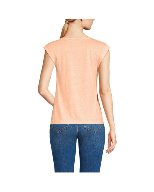Lands' End Blue Linen Blend Cap Sleeve Gathered Shoulder Tee