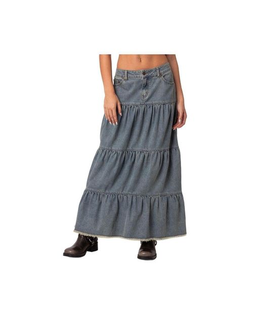 Edikted Gray Countryside Tiered Washed Denim Maxi Skirt