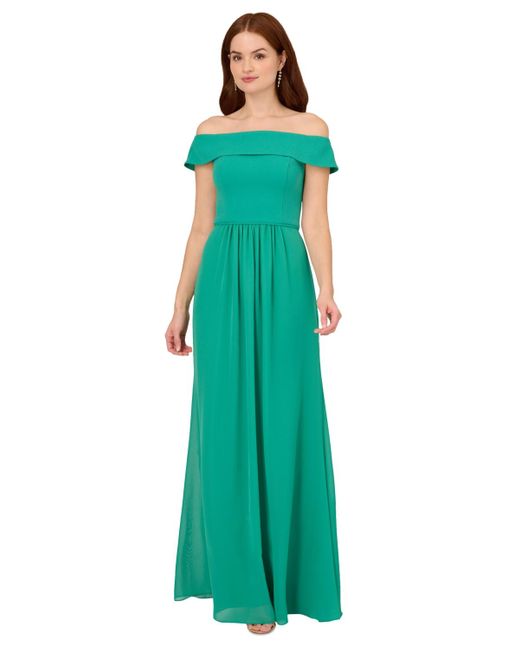 Adrianna Papell Green Off-the-shoulder Chiffon Gown