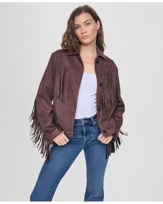 DKNY Blue Fringe Detail Collared Button-front Jacket