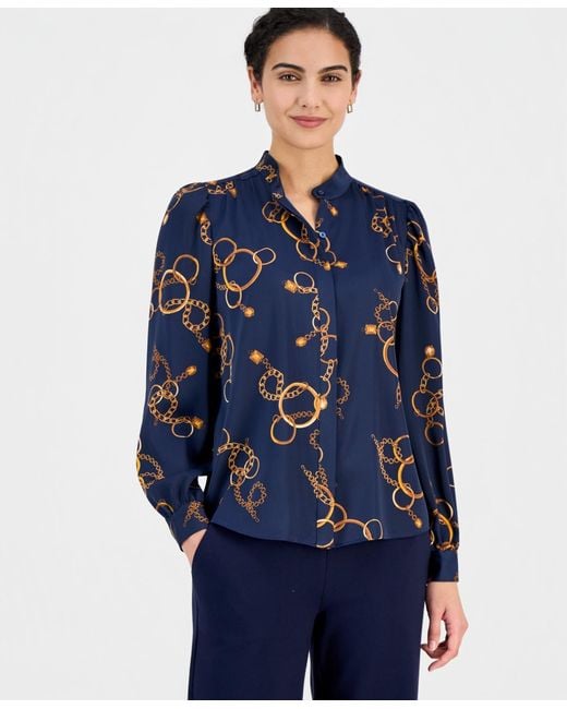 Tahari Blue Printed Button-front Blouse
