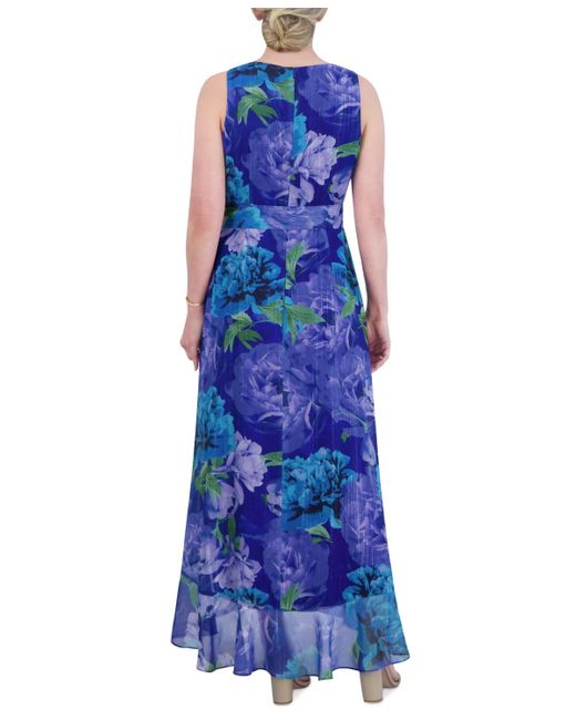 Jessica Howard Blue Metallic Tie-waist Ruffle-hem Dress
