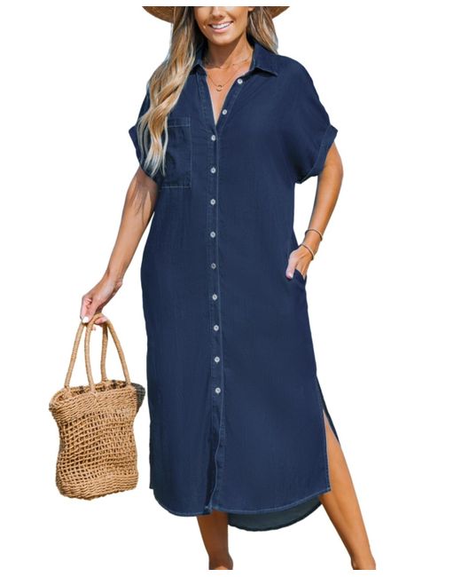 CUPSHE Blue Denim Short Sleeve Button Down Cover Up Dress