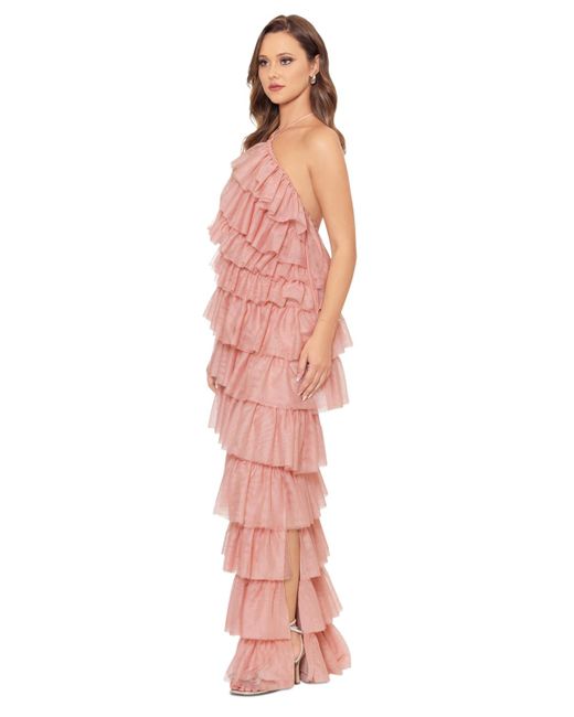 Betsy & Adam Pink Layered Ruffle Halter Gown