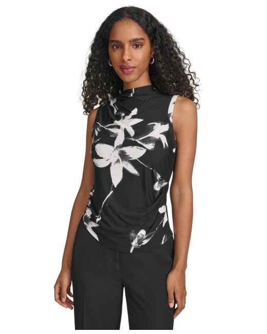 Calvin Klein Black High-neck Floral-print Sleeveless Top