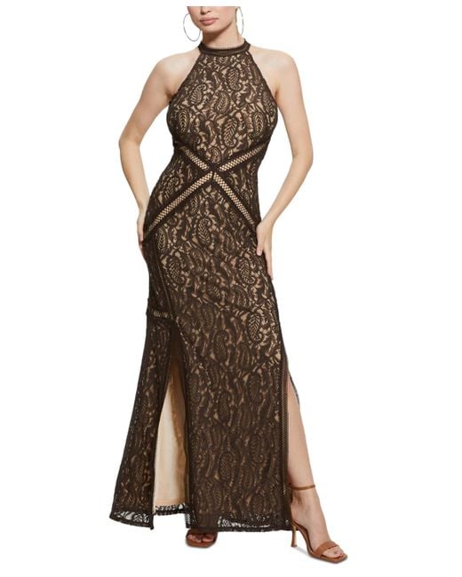 Guess Brown New Liza Lace Halter Sleeveless Gown