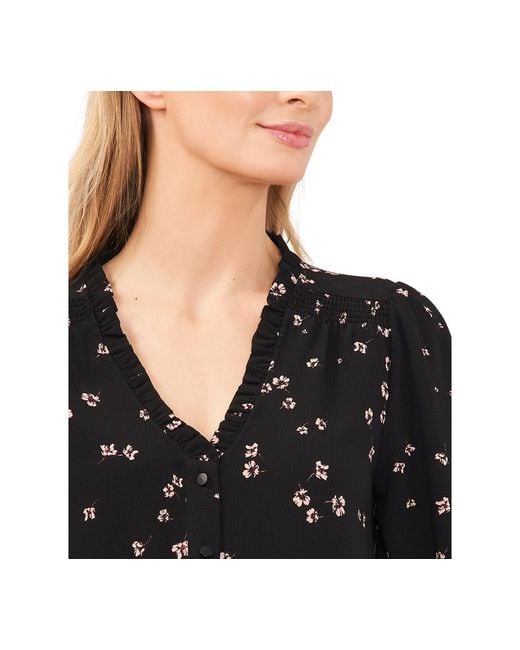 Cece Black Floral-print Button-front Blouse