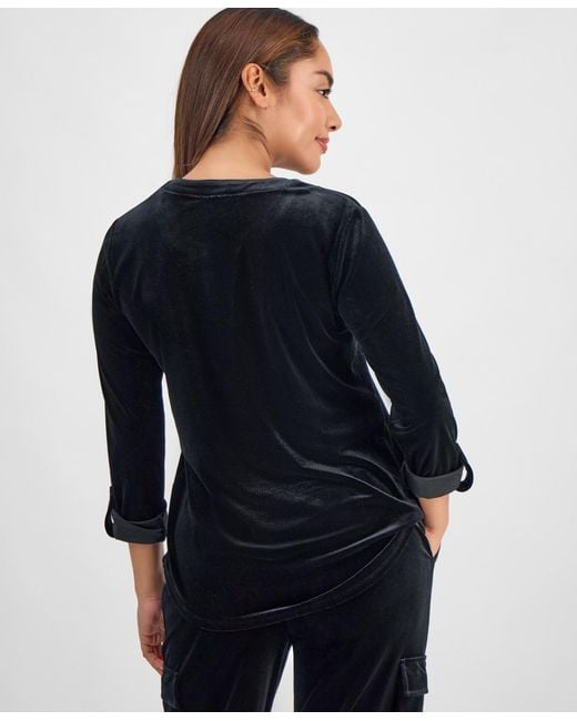 Anne Klein Essentials Blue Ak Anne Klein Petite Velour Split-neck Top