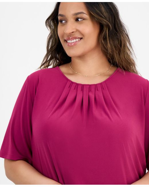 Kasper Pink Plus Size Elbow-sleeve Pleated-neck Top