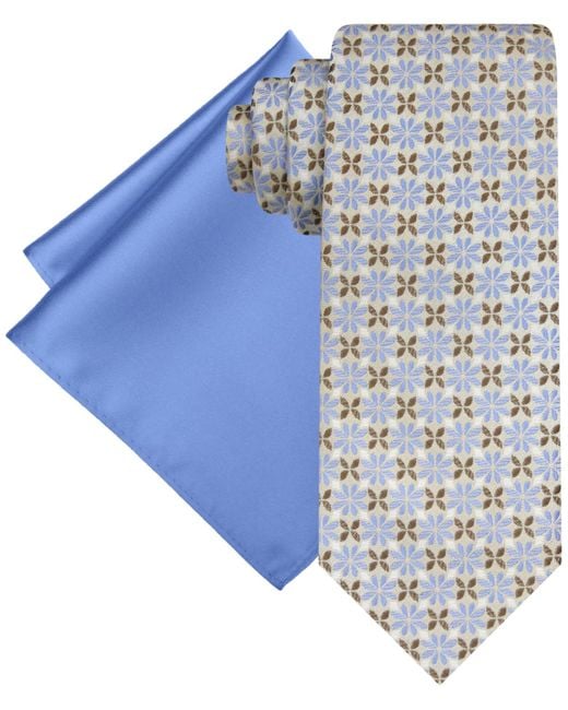Steve Harvey Blue Medallion Tie & Solid Pocket Square Set for men