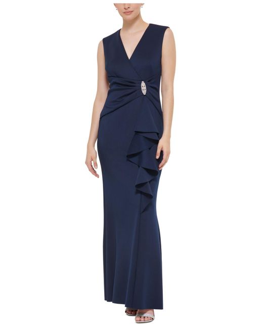 Jessica Howard Embellished Ruffled Sleeveless Column Gown in Blue Lyst