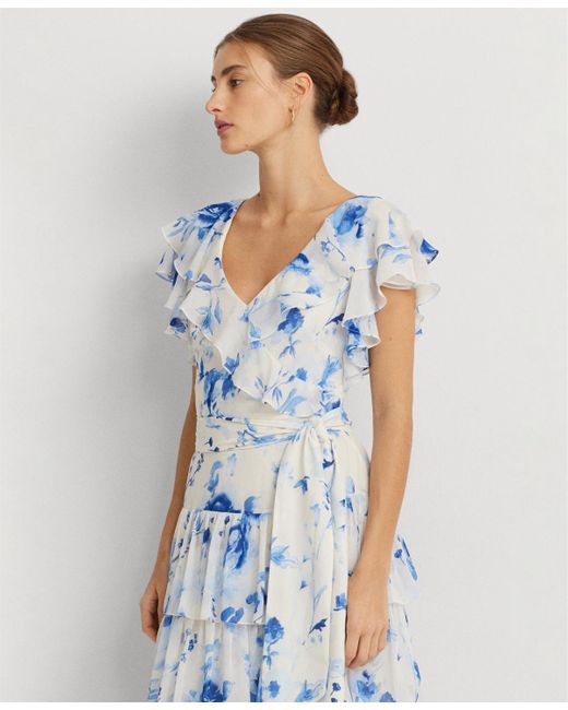 Lauren by Ralph Lauren Blue Belted Tiered Floral Gown