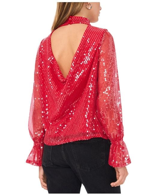 1.STATE Red Sequin Draped-back Mock-neck Top