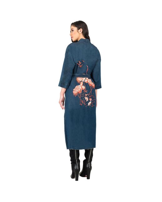 Standards & Practices Blue Bird Print Back Denim Kimono Trench Coats