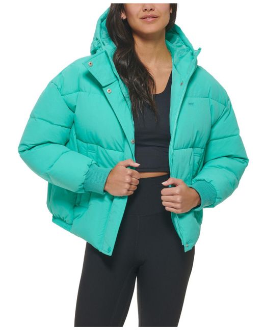 Levi's Synthetic Cinch Waist Hooded Puffer Coat in Turquoise (Green) Lyst