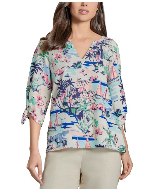 Jones New York Blue Printed Linen-blend Blouse