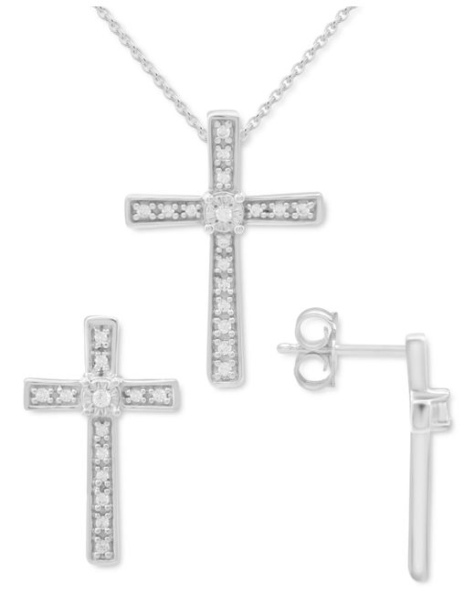 Macy's White 2-pc. Set Diamond Cross Pendant Necklace & Matching Stud Earrings (1/6 Ct. T.w.