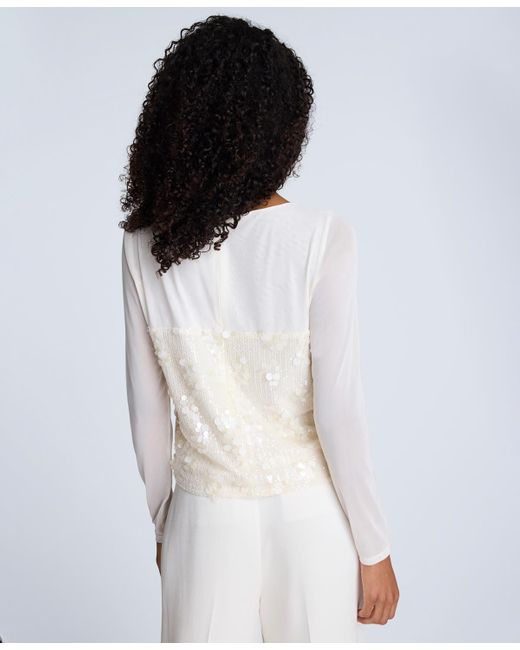 Kenneth Cole White Paillette Mesh Long-sleeve Top