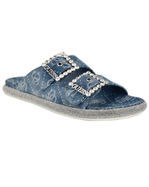 Guess Blue Funzy Embellished Double-buckle Flat Sandals