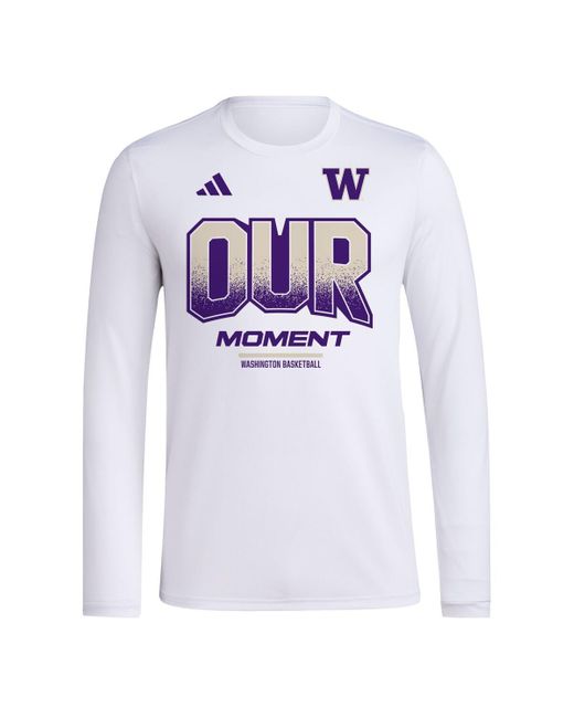 Adidas White And Washington Huskies 2024 On-court Bench Our Moment Long Sleeve T-shirt