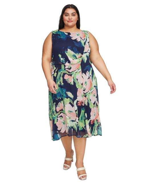 DKNY Plus Size Printed Side-ruched Sleeveless Chiffon Dress in Blue | Lyst