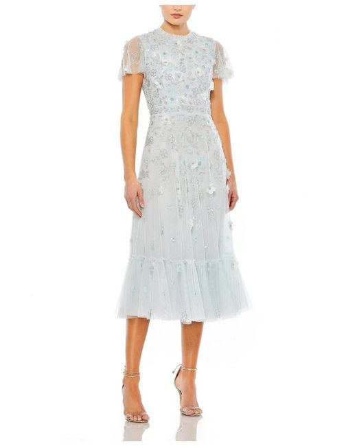 Mac Duggal White Embellished High Neck Cap Sleeve A Line Dress