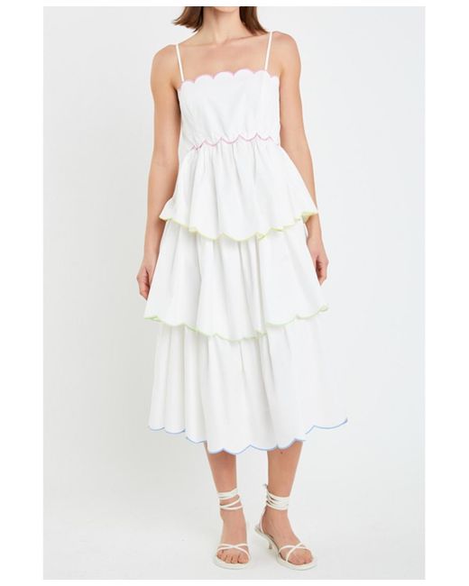 English Factory White Scallop Sleeveless Tiered Dress
